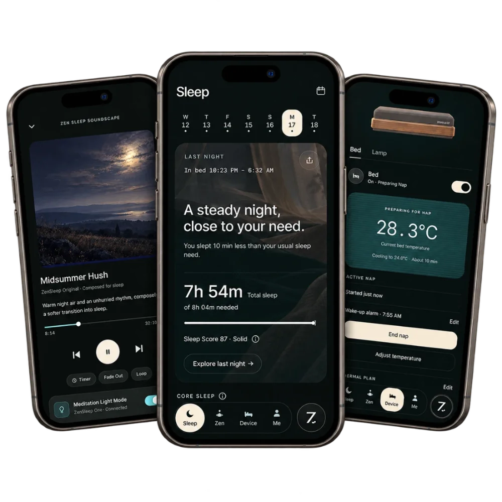 ZenSleep app: sleep sounds and device temperature control, side by side