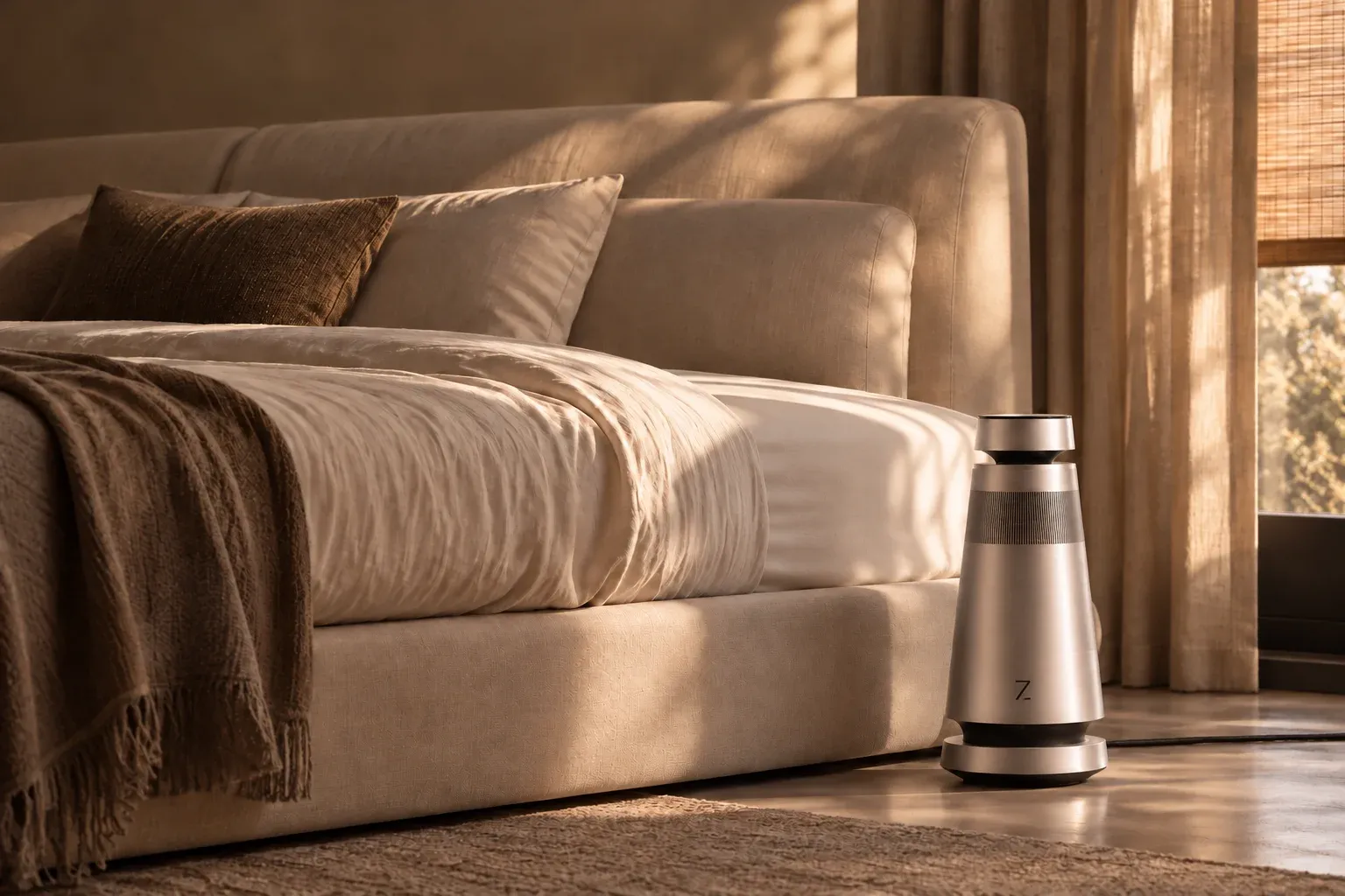 ZenSleep One resting on a nightstand beside a calm bed at dusk
