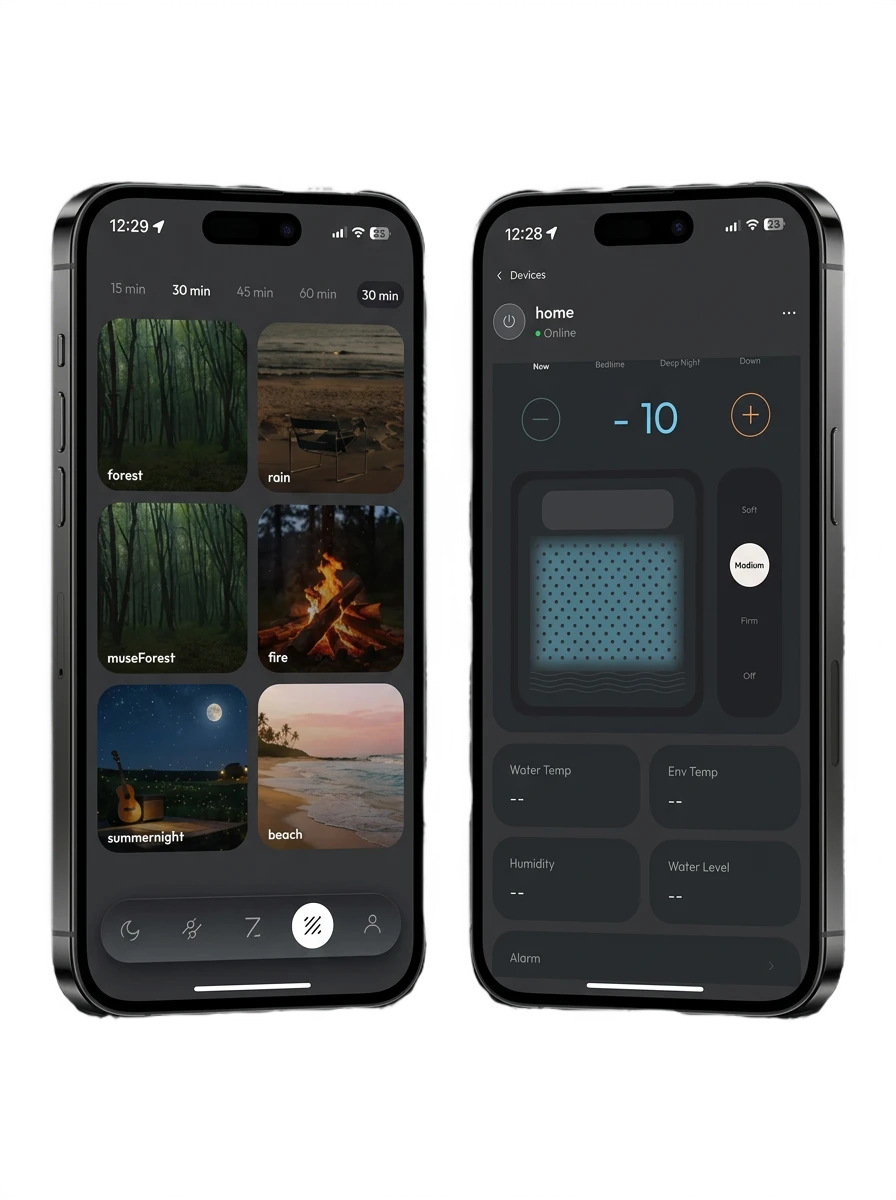ZenSleep app: sleep sounds and device temperature control, side by side